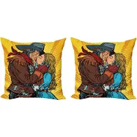 Abakuhaus Decoratieve kussenhoes in westerse stijl, 2-pack, Steampunk Robot, 40x40 cm, Geel en bruin