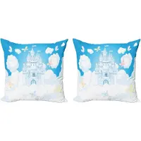 Abakuhaus Decoratieve Kussenhoezen met Sprookjesmotief, Kasteel en Vlinder, 50x50 cm, Wit en Lichtblauw