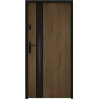 Vente-unique Voordeur van massief staal en inox H207 x B100 cm - gerookt glas - notenhouten en zwart effect - dikte 55 mm - rechtsdraaiend - BRAGA