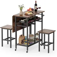 Costway Eetset met 2 stoelen, eettafel met wielen, wijnrek voor 6 flessen en een plank, keukentafel voor 2 personen, eethoekset, zithoek, bruin