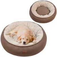 OEM Pluizig hondenbed Ø70 cm, donutvormig hondenkussen, wasbaar hondenbed, hondenbed voor middelgrote honden, dubbel hondenbed voor alle seizoenen (bruin)