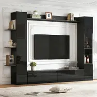 Merax glanzende wandmeubelset met acryl deur, TV-kast met vitrine, glanzend wit, woonkamer meubels met opbergwand van MDF, zwart