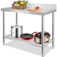 NaiZy 150x50x85cm Roestvrij Staal Werktafel Gastronomische Eettafeltjes Met 2 Legplanken & Verstelbare Voeten Buitentuintafel Voorbereidingstafel Voor Voedselbereiding (Met Opstaande Rand)