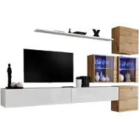 Meublorama Wandcompositie SWITCH XIX – Dubbel TV-meubel, kubussen, glazen kubussen met LED en plank – Hoogglans wit en Wotan eiken