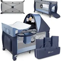 Markenlos 4-in-1 babybed, looprek voor baby's vanaf de geboorte tot 15 kg, verschoningstafel, muggennet, luchtige zijwanden met zij-ingang, draagzak, opvouwbaar