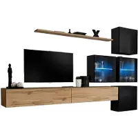 Meublorama Wandcompositie SWITCH XIX - Dubbel TV-meubel, kubussen, glazen kubussen met LED en plank - Wotan eiken en glanzend zwart