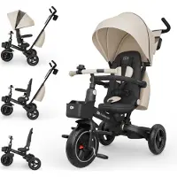Kinderkraft SPINSTEP 2 PLUS Driewieler - 9 Maanden tot 5 Jaar - 360° Draaibare Zitting, Verstelbare Kap met UPF50+, PU Wielen en 3-Punts Gordels - Beige