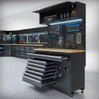 Datona Werkplaatsinrichting PREMIUM eiken - stroom- en persluchtkatrollen - 136 cm - Zwart