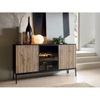 Vente-unique Buffetkast met 3 deurtjes met ledverlichting van mdf en gerookt glas - Zwart en naturel - OVILA