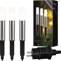 Briloner Connect to Shine 12V tuinverlichtingssysteem, set van 3 LED-paallampen met grondpen en transformator, IP44, warm wit licht, tuinverlichting, padverlichting, 36,5 x 4 cm, zilver.