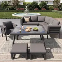 Laura Halve Maan Loungeset Tuin 8 Personen 5-Delig met Glazen Tafel, Stoel en Krukken – Weerbestendige IJzeren Tuinset met 8 cm Dikke Kussens Grijs –