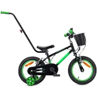 Sun baby Kinderfiets 14 inch, geschikt voor jongens van 3, 4 en 5 jaar. Gewicht: 7,49 kg. Uitgerust met duwstang, stabilisatorwielen, mandje, bel en V-rem. Stickers: LOVEL, zwart en groen