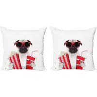 Abakuhaus Sierkussenhoes met mopshondje, set van 2, Hond in de bioscoop, 50x50 cm, Crème, Rood, Zwart