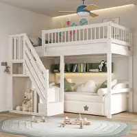 Laura Hoogslaper Kinderbed 90x200 cm met Trap en Opbergruimte – Houten Hoogslaper met Valbeveiliging, Ruimtebesparend Design en Geïntegreerde Kasttrappen – Wit –