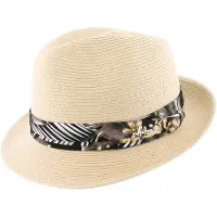 Herman Chapeau petit bord relevé à l'arrière en paille papier cousue unie avec bandeau plissé imprimé exotic