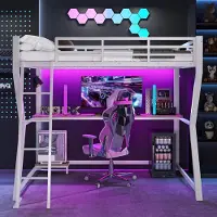 Laura Hoogslaper bed 90x200 cm met bureau en trap – metalen loftbed met computerwerkplek, LED sfeerverlichting en veiligheidsleuningen – wit –