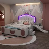 Laura Kinderbed 140x200 cm met Glijbaan en Trap – Prinsessen Meisjesbed Roze & Wit met Vlinder Design, Lattenbodem en PU/MDF –