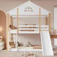 Laura Hoogslaper met Glijbaan en Trap 90x200 cm – Kinderbed Huisbed met Ramen, Valbeveiliging, Massief Hout, Ruimtebesparend Speelbed Wit & Naturel –
