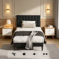 Auralum Max Eenpersoonsbed met Gestoffeerd Hoofdbord - Metalen Bedframe - 90x200 cm - Platform Bedframe met Houten Latten - Modern & Stevig - Zwart - Draagkracht 260 kg