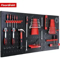 Floordirekt Gereedschapswand Parker - Metalen Gatenwand Set met Accessoires - Zwart/Rood - 3-Delig - Praktische Gereedschapshouder voor Werkplaats & Garage - Stevig, Overzichtelijk & Ruimtebesparend