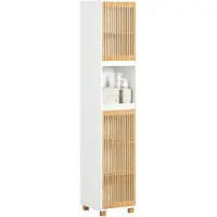 SoBuy Smalle Hoge Badkast Bamboe Deuren – 33x165x33 cm