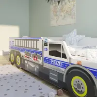 Laura Autobed kinderbed 80x160 cm – Politieauto kinderbed met uitvalbescherming en lattenbodem + matras – MDF jeugdbed 100 kg draagkracht –