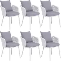 Mendler Set van 6 aluminium eetkamerstoelen -P89, stoel voor binnen met armleuningen, stof/textiel (180 g/m²) met gevlochten touw ~ lichtgrijs