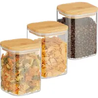 Relaxdays voorraadpotten met bamboe deksel, set van 3, vierkante glazen voorraaddozen, 900 ml, luchtdicht, transparant/naturel