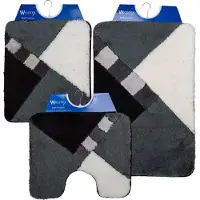 Wicotex - Badmat set - Badmat - Toiletmat - Bidetmat Grijs - Zwart - Wit geblokt - Antislip onderkant - WC mat met uitsparing