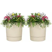 Mica Decorations Bloempot Coco - 2x - met onderschaal - beige - H40 x D38 cm - kunststof - buiten