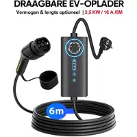 Junsun Type 2 Mobiele Thuislader - 3,5kW 1 fase (6-16A)- 6A/8A/10A/13A/16A instelbare stroom | 6 meter Laadkabel - 230V EV-oplader - Voor Elektrische Auto's - Schuko-stekker & CEE-stekker