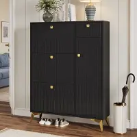 STILVORA Schoenenkast - Smal Met 3 Kleppen, Lade En Deur - Voor Hal En Entree - Hout En Metaal - 90x25x121 Cm - Zwart