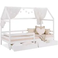 Homestyle4u Kinderbed 90x200 cm - Huisbed - met 2 beddenkisten - Wit