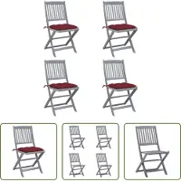 The Living Store Tuinstoelen 4 st inklapbaar met kussens massief acaciahout - Tuinstoel - Klapstoel - Acacia Hout - Grijs - Rood Kussen