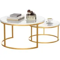 OKWISH Salontafel 2-Delig Set - Stabiel IJzeren Frame - Stapelbare Tafel Met Verstelbare Voeten - MDF Blad - 70×70×45 & 45×45×37 Cm - Goud