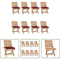 The Living Store Tuinstoelenset - Teakhouten meubelset - 8 stoelen - Inklapbaar - Met kussens - Wijnrood kussen - 46.5x58x88 cm - Geen montage vereist