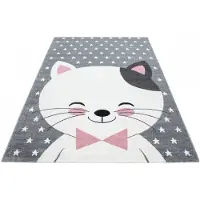 Muratap Kids poesje vloerkleed kinderkamer grijs / roze laagpolig- 80x150 cm