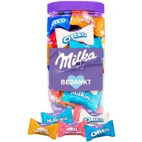 Milka Favourites chocolademix “Bedankt” 500g - Snoeppot met mini chocolaatjes - Chocolade cadeau in herbruikbare bokaal