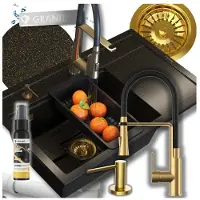 Granitan Spoelbakken Granieten Rendo - Wasbak Keuken Zwart - Met Gouden Sifon en Kraan - 80x50x22cm