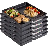 PlasticForte Vakjesborden - 6x stuks - zwart - gourmetbord - 3-vaks - kunststof - 24 x 24 cm - fonduebord - bbq - camping