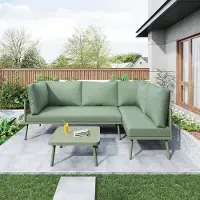Laura Tuin Loungeset L-vorm 120x120x72 cm met Kussens, IJzeren Frame, Glazen Tafel en Verstelbare Poten – Groen – 2-Delige Hoekbank + Tafel –