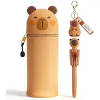 Markenlos Set pennenetui, schattig 2-in-1 pennenetui van zacht siliconen materiaal met pennenhouder, grappige pen en PVC-sleutelhanger, ruime opbergruimte voor schrijfwaren (bruin)