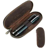 Markenlos Lederen etui, handgemaakt, vintage pennenhouder, reisetui, elegant bureauaccessoire, pennenorganizer, koffiebekerhouder met rits