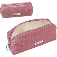 Markenlos Pennenetui van corduroy – Groot retro pennenetui voor school, kantoor, tieners en vrouwen – Make-up tas en pennenetui met rits, roze en zwart