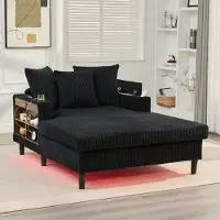 MODFU Chaise Longue - Met Bekerhouders En USB-Aansluiting - Modern - Voor Woonkamer - Ribfluweel - Zwart - 129 x 170 x 70 cm