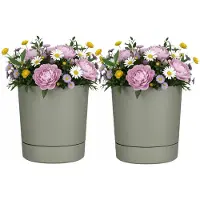 Mica Decorations Bloempot Coco - 2x - met onderschaal - olijfgroen - H34 x D33 cm - kunststof - buiten