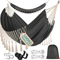 Kesser Hangmat, belastbaar tot 300 kg, 320 x 150 cm, voor 1-2 personen, ademend, met franjes, weerbestendig,voor camping of tuin, stoffen hangmat voor meerdere personen, antraciet