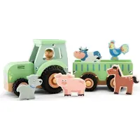 Woet Houten Tractor met Aanhanger - Inclusief 5 Boerderijdieren - Groen - Educatief Speelvoertuig - Rollenspel Speelgoed - Vanaf 18 Maanden