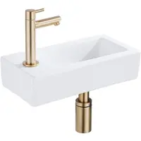 FortiFura Fuente Fonteinset - 36x18.5x9cm - 1 kraangat - solid surface - fonteinkraan messing geborsteld - mat wit SW696238/SW696218/SW705498/SW696208