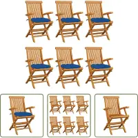 The Living Store Tuinstoel - Tuinstoelen - Tuin Stoel - Tuin Stoelen - Tuinstoelen 6 st met blauwe kussens massief teakhout